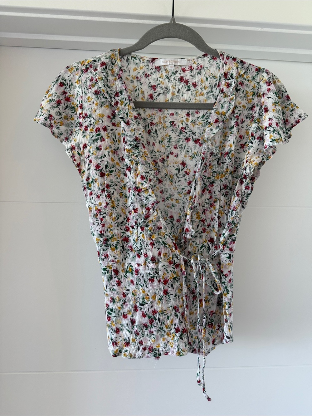 Olivaceous White Floral Wrap Blouse with Pink & Yellow Accents